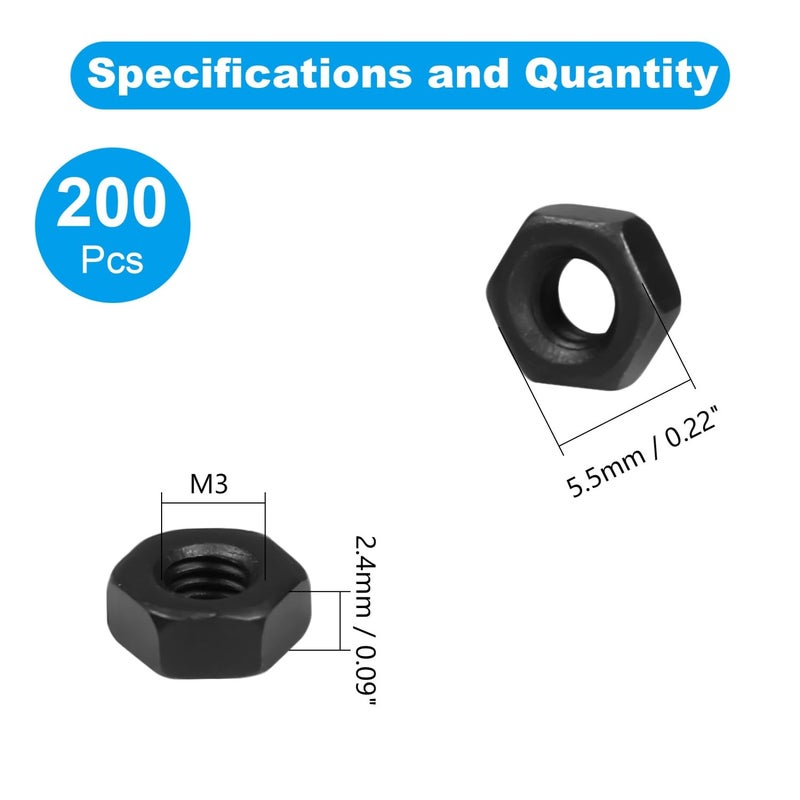 Yinpecly 200pcs M3-0.5 Hex Nut, Carbon Steel Grade 8.8, Black Oxide, M3x0.5mm Hex Drive, Metric Hexagon Hex Nut Black, Small Nuts Fasteners, Right Hand, M3 Replacement Nut - Image 2